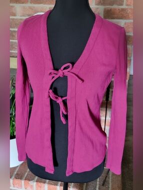 Talbots Berry Ribbed Tie-Front V-Neck Cardigan